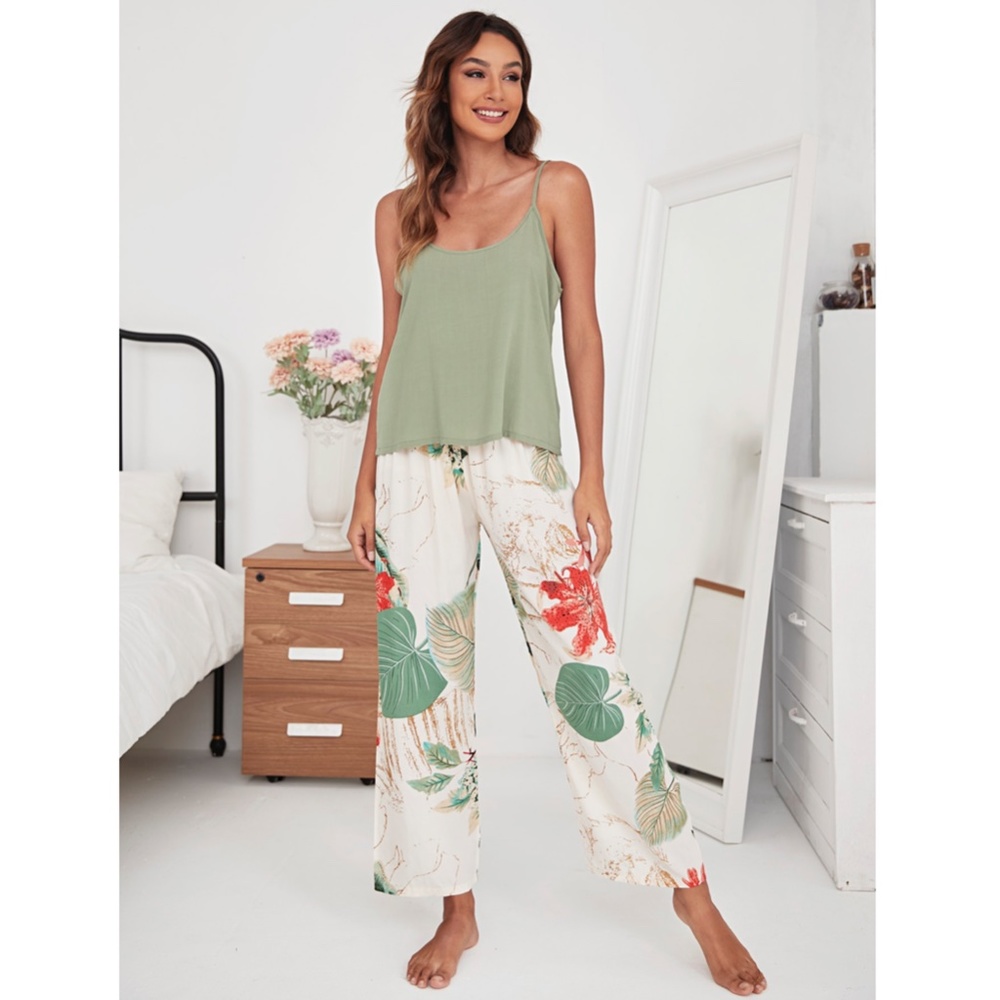 3 Piece Beige Green Floral Print Pajama Set - Picture 3 of 9